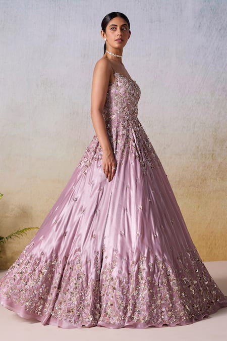 Shop_Mirroir_Purple Satin Sequins, Beads Scoop Neck Floral Cluster Vine Embroidered Gown _Online_at_Aza_Fashions