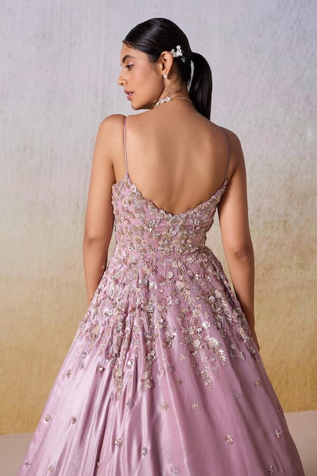 Mirroir_Purple Satin Sequins, Beads Scoop Neck Floral Cluster Vine Embroidered Gown _at_Aza_Fashions