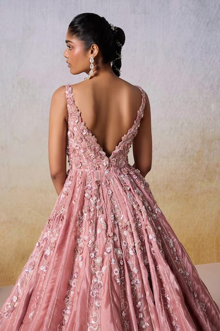 Mirroir_Pink Metallic Tissue Embroidered Sequin V-neck Floral 3d Embellished Gown _at_Aza_Fashions