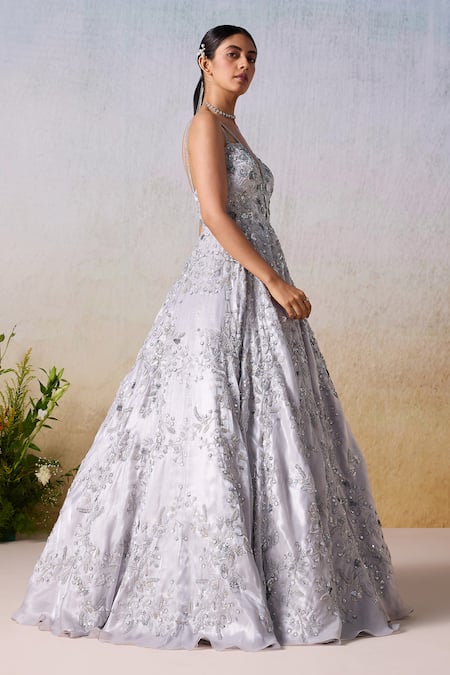 Buy_Mirroir_Grey Satin Sequins, Beads V-neck Blossom Vine Embellished Strappy Gown _Online_at_Aza_Fashions