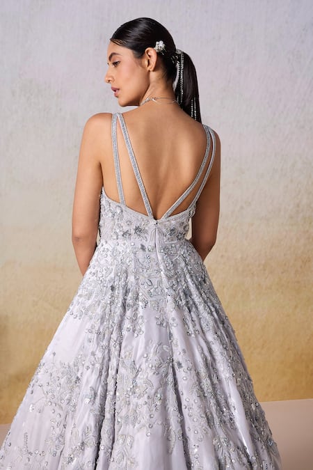 Shop_Mirroir_Grey Satin Sequins, Beads V-neck Blossom Vine Embellished Strappy Gown _Online_at_Aza_Fashions