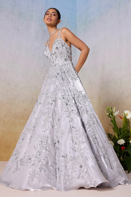 Mirroir_Grey Satin Sequins, Beads V-neck Blossom Vine Embellished Strappy Gown _at_Aza_Fashions