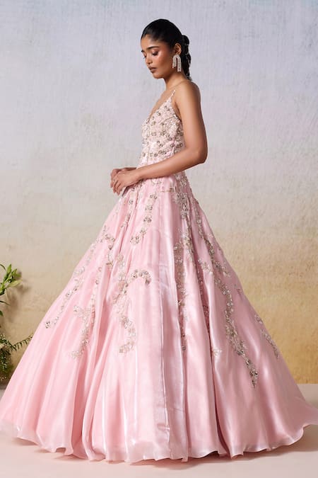 Mirroir_Pink Satin Sequins, Beads Sweetheart Neck Vine Tonal Embellished Strappy Gown _Online_at_Aza_Fashions