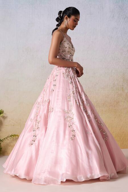 Buy_Mirroir_Pink Satin Sequins, Beads Sweetheart Neck Vine Tonal Embellished Strappy Gown _Online_at_Aza_Fashions