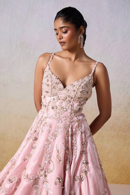 Shop_Mirroir_Pink Satin Sequins, Beads Sweetheart Neck Vine Tonal Embellished Strappy Gown _Online_at_Aza_Fashions