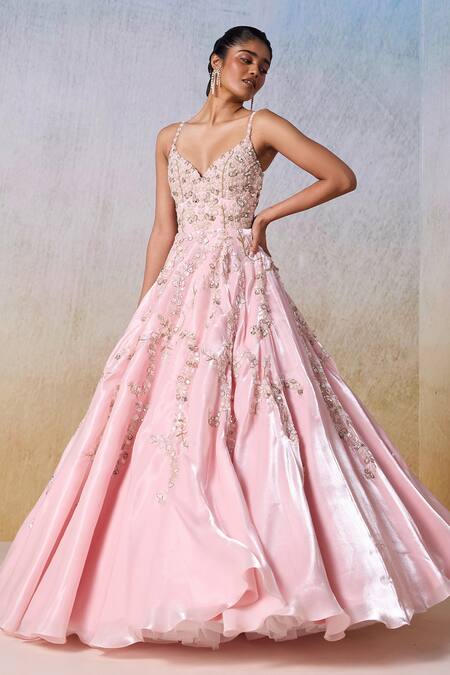 Mirroir_Pink Satin Sequins, Beads Sweetheart Neck Vine Tonal Embellished Strappy Gown _at_Aza_Fashions