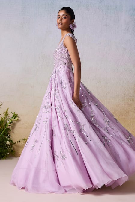 Mirroir Purple Satin Sequins, Beads Sweetheart Neck Blossom Embellished Gown Online at Aza Fashions Mirroir_Purple Satin Sequins, Beads Sweetheart Neck Blossom Embellished Gown _Online_at_Aza_Fashions