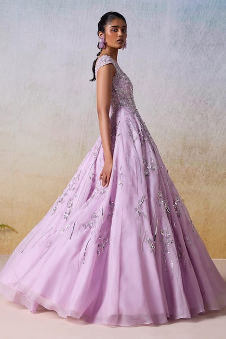 Shop Mirroir Purple Satin Sequins, Beads Sweetheart Neck Blossom Embellished Gown Online at Aza Fashions Shop_Mirroir_Purple Satin Sequins, Beads Sweetheart Neck Blossom Embellished Gown _Online_at_Aza_Fashions