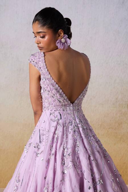 Mirroir Purple Satin Sequins, Beads Sweetheart Neck Blossom Embellished Gown at Aza Fashions Mirroir_Purple Satin Sequins, Beads Sweetheart Neck Blossom Embellished Gown _at_Aza_Fashions