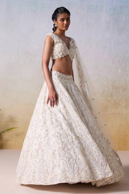 Mirroir_White Net, Satin Sequins, Embellished Bridal Lehenga Set With Applique Blouse _at_Aza_Fashions