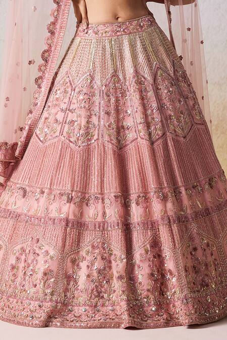 Mirroir_Pink Satin Sequins, Beads Plunge Floral Vine Embellished Bridal Lehenga Set _Online_at_Aza_Fashions