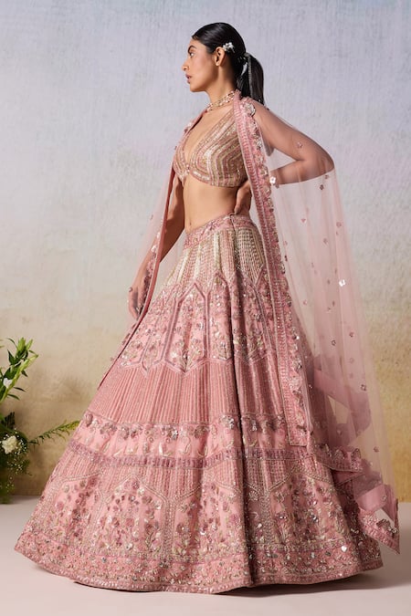 Buy_Mirroir_Pink Satin Sequins, Beads Plunge Floral Vine Embellished Bridal Lehenga Set _Online_at_Aza_Fashions
