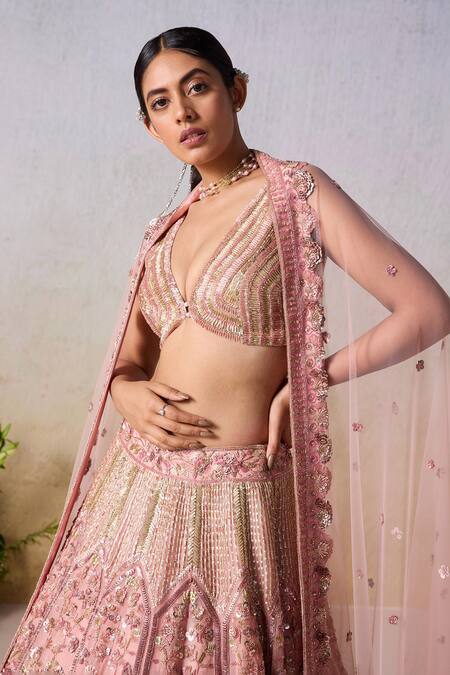 Shop_Mirroir_Pink Satin Sequins, Beads Plunge Floral Vine Embellished Bridal Lehenga Set _Online_at_Aza_Fashions