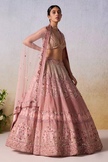 Mirroir_Pink Satin Sequins, Beads Plunge Floral Vine Embellished Bridal Lehenga Set _at_Aza_Fashions