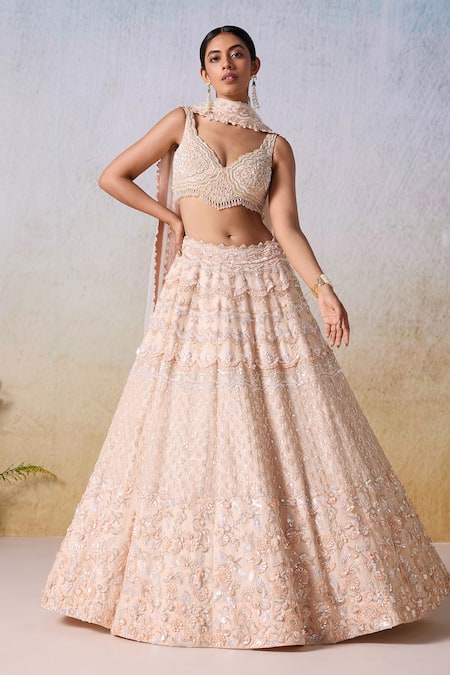 Mirroir Pink Pure Organza Embroidered Tassels Floral Vine Sequined Bridal Lehenga Set 