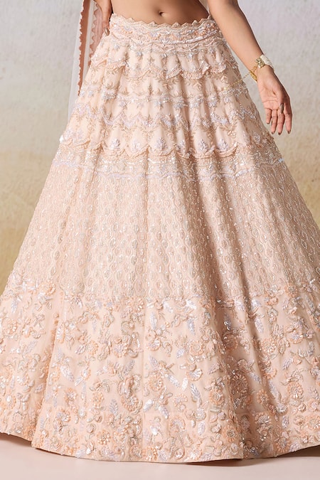 Mirroir_Pink Net, Satin, Organza Sequins, Floral Vine Embroidered Bridal Lehenga Set _Online_at_Aza_Fashions
