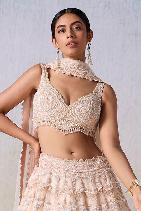 Buy_Mirroir_Pink Net, Satin, Organza Sequins, Floral Vine Embroidered Bridal Lehenga Set _Online_at_Aza_Fashions