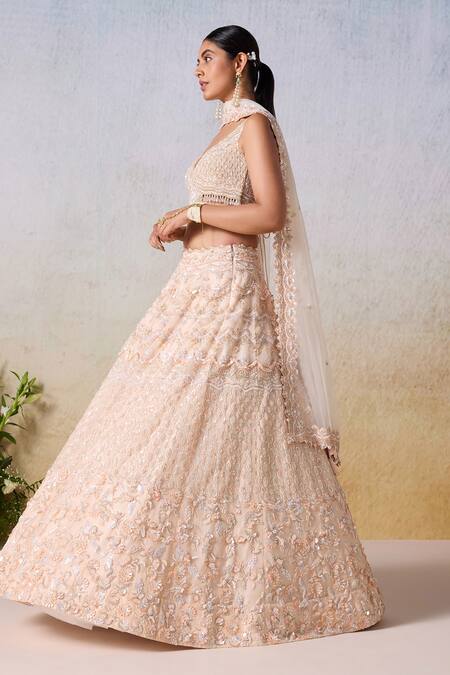 Shop_Mirroir_Pink Net, Satin, Organza Sequins, Floral Vine Embroidered Bridal Lehenga Set _Online_at_Aza_Fashions