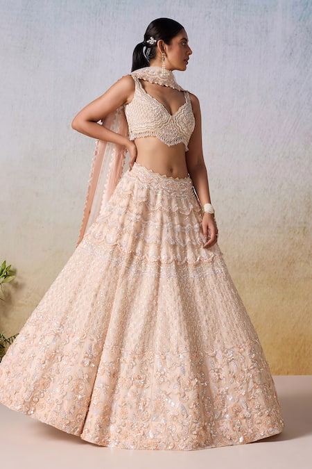 Mirroir_Pink Net, Satin, Organza Sequins, Floral Vine Embroidered Bridal Lehenga Set _at_Aza_Fashions
