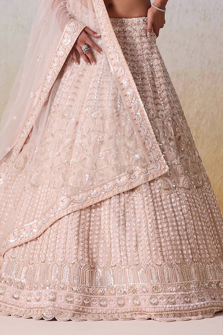 Mirroir_Pink Satin, Net, Organza Floral Geometric Embellished Bridal Lehenga Set _Online_at_Aza_Fashions