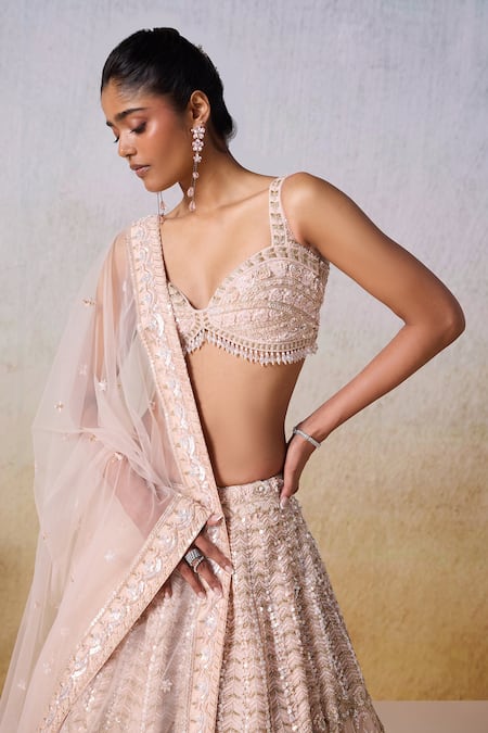 Buy_Mirroir_Pink Satin, Net, Organza Floral Geometric Embellished Bridal Lehenga Set _Online_at_Aza_Fashions