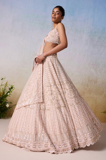 Shop_Mirroir_Pink Satin, Net, Organza Floral Geometric Embellished Bridal Lehenga Set _Online_at_Aza_Fashions