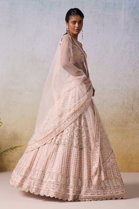 Mirroir_Pink Satin, Net, Organza Floral Geometric Embellished Bridal Lehenga Set _at_Aza_Fashions