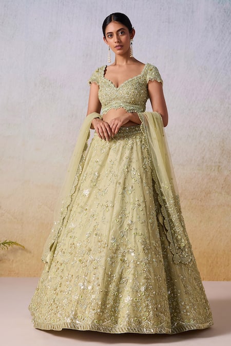 Mirroir Green Metallic Tissue Embroidered Embellished Floral Scatter Bridal Lehenga Set 