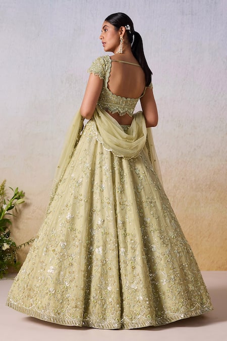 Shop Mirroir Green Satin, Chiffon Sequins, Embellished Floral Scatter Bridal Lehenga Set at Aza Fashions Shop_Mirroir_Green Satin, Chiffon Sequins, Embellished Floral Scatter Bridal Lehenga Set _at_Aza_Fashions