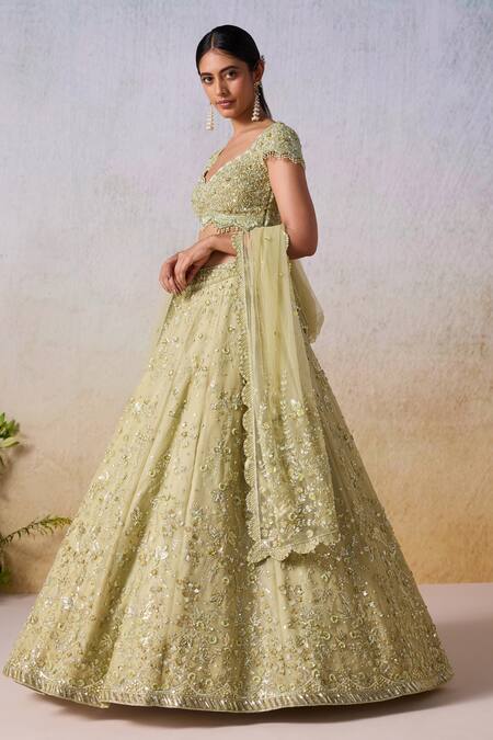 Buy Mirroir Green Satin, Chiffon Sequins, Embellished Floral Scatter Bridal Lehenga Set Online at Aza Fashions Buy_Mirroir_Green Satin, Chiffon Sequins, Embellished Floral Scatter Bridal Lehenga Set _Online_at_Aza_Fashions