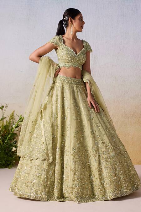 Shop Mirroir Green Satin, Chiffon Sequins, Embellished Floral Scatter Bridal Lehenga Set Online at Aza Fashions Shop_Mirroir_Green Satin, Chiffon Sequins, Embellished Floral Scatter Bridal Lehenga Set _Online_at_Aza_Fashions