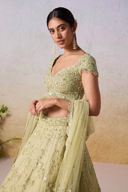 Mirroir Green Satin, Chiffon Sequins, Embellished Floral Scatter Bridal Lehenga Set at Aza Fashions Mirroir_Green Satin, Chiffon Sequins, Embellished Floral Scatter Bridal Lehenga Set _at_Aza_Fashions