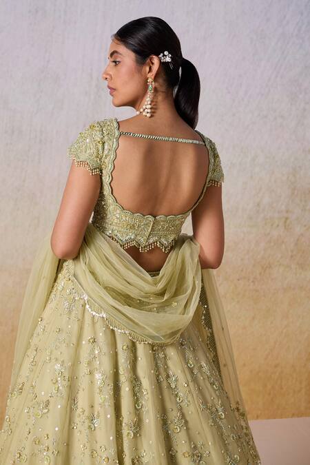 Buy Mirroir Green Satin, Chiffon Sequins, Embellished Floral Scatter Bridal Lehenga Set Buy_Mirroir_Green Satin, Chiffon Sequins, Embellished Floral Scatter Bridal Lehenga Set