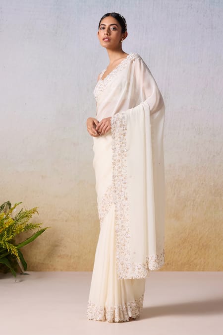 Mirroir White Viscose Sequins, Beads Floral Vine Embellished Saree With Blouse Online at Aza Fashions Mirroir_White Viscose Sequins, Beads Floral Vine Embellished Saree With Blouse _Online_at_Aza_Fashions