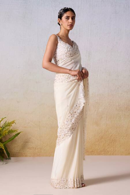 Shop Mirroir White Viscose Sequins, Beads Floral Vine Embellished Saree With Blouse Online at Aza Fashions Shop_Mirroir_White Viscose Sequins, Beads Floral Vine Embellished Saree With Blouse _Online_at_Aza_Fashions