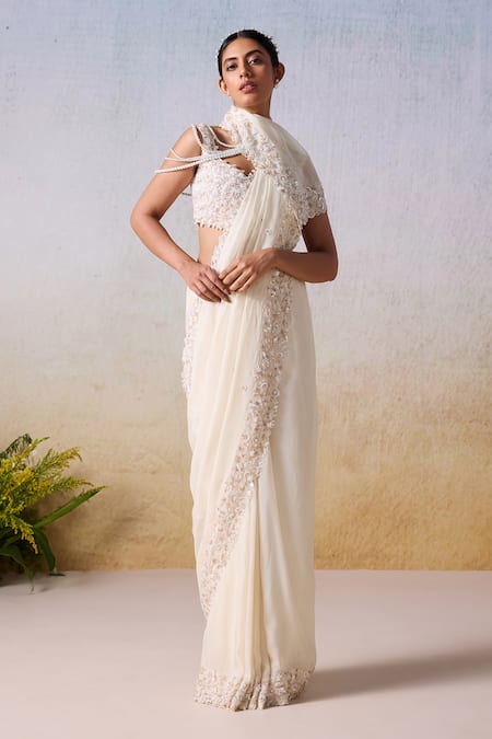 Mirroir White Viscose Sequins, Beads Floral Vine Embellished Saree With Blouse at Aza Fashions Mirroir_White Viscose Sequins, Beads Floral Vine Embellished Saree With Blouse _at_Aza_Fashions