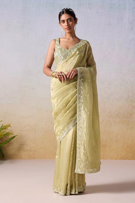 Mirroir Green Silk Tissue Embroidered Sequin Scoop Floral Bead Border Saree With Blouse 