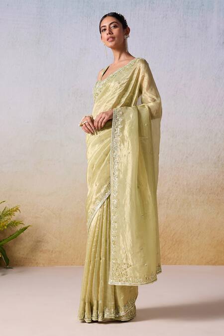 Mirroir Green Viscose, Silk Sequins, Beads Floral Embroidered Border Saree With Blouse Online at Aza Fashions Mirroir_Green Viscose, Silk Sequins, Beads Floral Embroidered Border Saree With Blouse _Online_at_Aza_Fashions