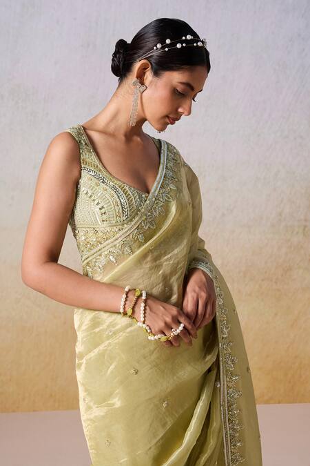 Shop Mirroir Green Viscose, Silk Sequins, Beads Floral Embroidered Border Saree With Blouse Online at Aza Fashions Shop_Mirroir_Green Viscose, Silk Sequins, Beads Floral Embroidered Border Saree With Blouse _Online_at_Aza_Fashions