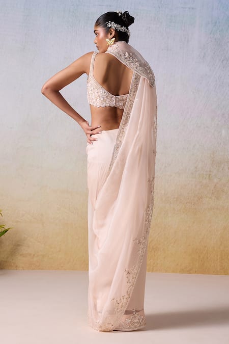 Shop Mirroir Pink Viscose, Organza Floral Paisley Embroidered Border Saree With Blouse at Aza Fashions Shop_Mirroir_Pink Viscose, Organza Floral Paisley Embroidered Border Saree With Blouse _at_Aza_Fashions