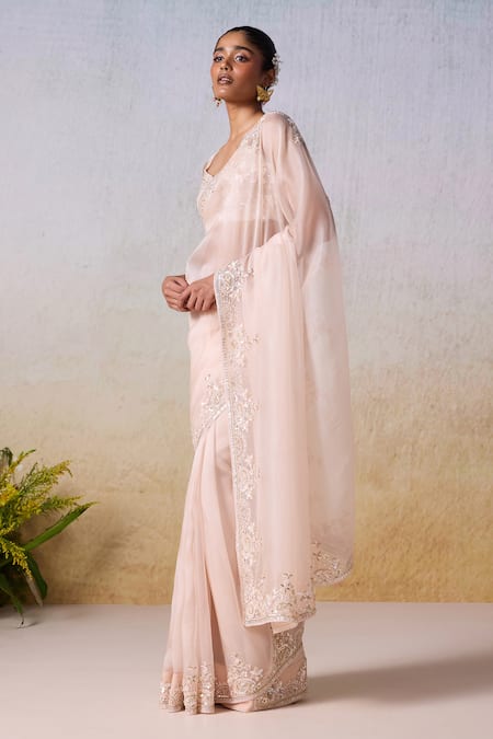 Mirroir Pink Viscose, Organza Floral Paisley Embroidered Border Saree With Blouse Online at Aza Fashions Mirroir_Pink Viscose, Organza Floral Paisley Embroidered Border Saree With Blouse _Online_at_Aza_Fashions