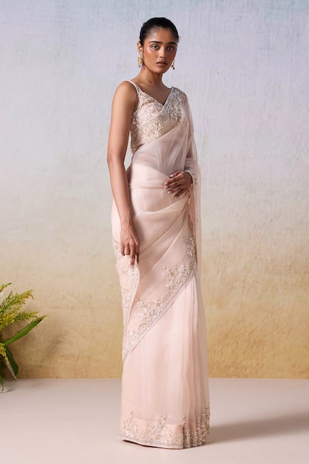 Buy Mirroir Pink Viscose, Organza Floral Paisley Embroidered Border Saree With Blouse Online at Aza Fashions Buy_Mirroir_Pink Viscose, Organza Floral Paisley Embroidered Border Saree With Blouse _Online_at_Aza_Fashions