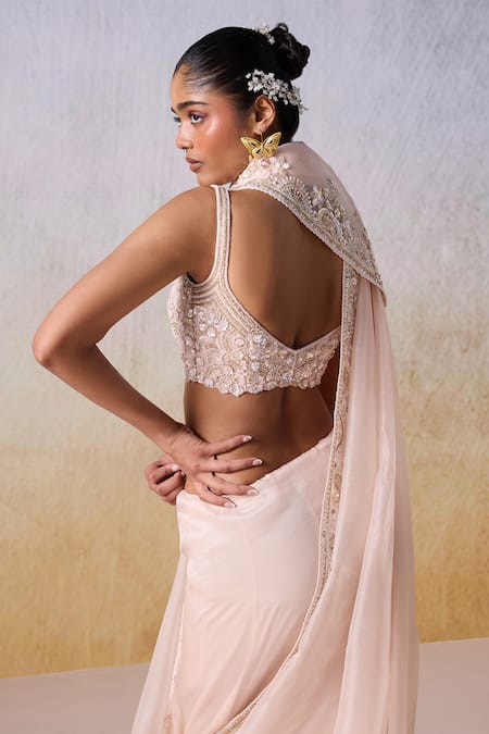 Shop Mirroir Pink Viscose, Organza Floral Paisley Embroidered Border Saree With Blouse Online at Aza Fashions Shop_Mirroir_Pink Viscose, Organza Floral Paisley Embroidered Border Saree With Blouse _Online_at_Aza_Fashions