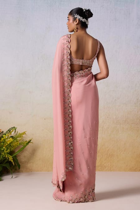 Shop Mirroir Pink Organza, Viscose Sequins, Floral Vine Embellished Scallop Saree With Blouse at Aza Fashions Shop_Mirroir_Pink Organza, Viscose Sequins, Floral Vine Embellished Scallop Saree With Blouse _at_Aza_Fashions
