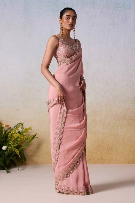 Buy Mirroir Pink Organza, Viscose Sequins, Floral Vine Embellished Scallop Saree With Blouse Online at Aza Fashions Buy_Mirroir_Pink Organza, Viscose Sequins, Floral Vine Embellished Scallop Saree With Blouse _Online_at_Aza_Fashions