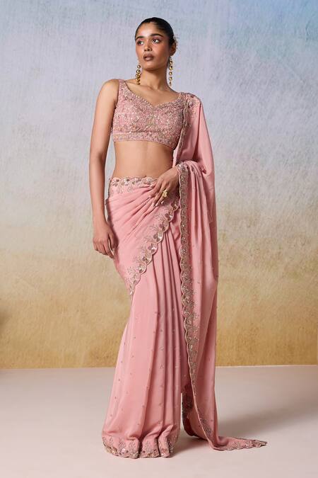 Shop Mirroir Pink Organza, Viscose Sequins, Floral Vine Embellished Scallop Saree With Blouse Online at Aza Fashions Shop_Mirroir_Pink Organza, Viscose Sequins, Floral Vine Embellished Scallop Saree With Blouse _Online_at_Aza_Fashions