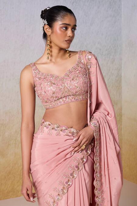 Mirroir Pink Organza, Viscose Sequins, Floral Vine Embellished Scallop Saree With Blouse at Aza Fashions Mirroir_Pink Organza, Viscose Sequins, Floral Vine Embellished Scallop Saree With Blouse _at_Aza_Fashions