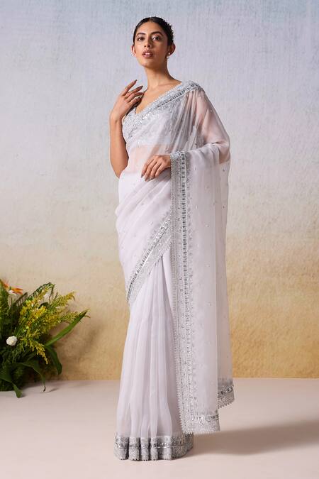 Mirroir_Grey Organza, Viscose Sequins, Floral Embellished Border Saree With Blouse _Online_at_Aza_Fashions