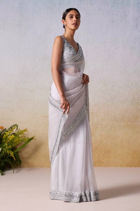 Buy_Mirroir_Grey Organza, Viscose Sequins, Floral Embellished Border Saree With Blouse _Online_at_Aza_Fashions