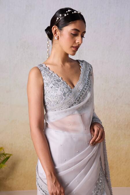 Shop_Mirroir_Grey Organza, Viscose Sequins, Floral Embellished Border Saree With Blouse _Online_at_Aza_Fashions